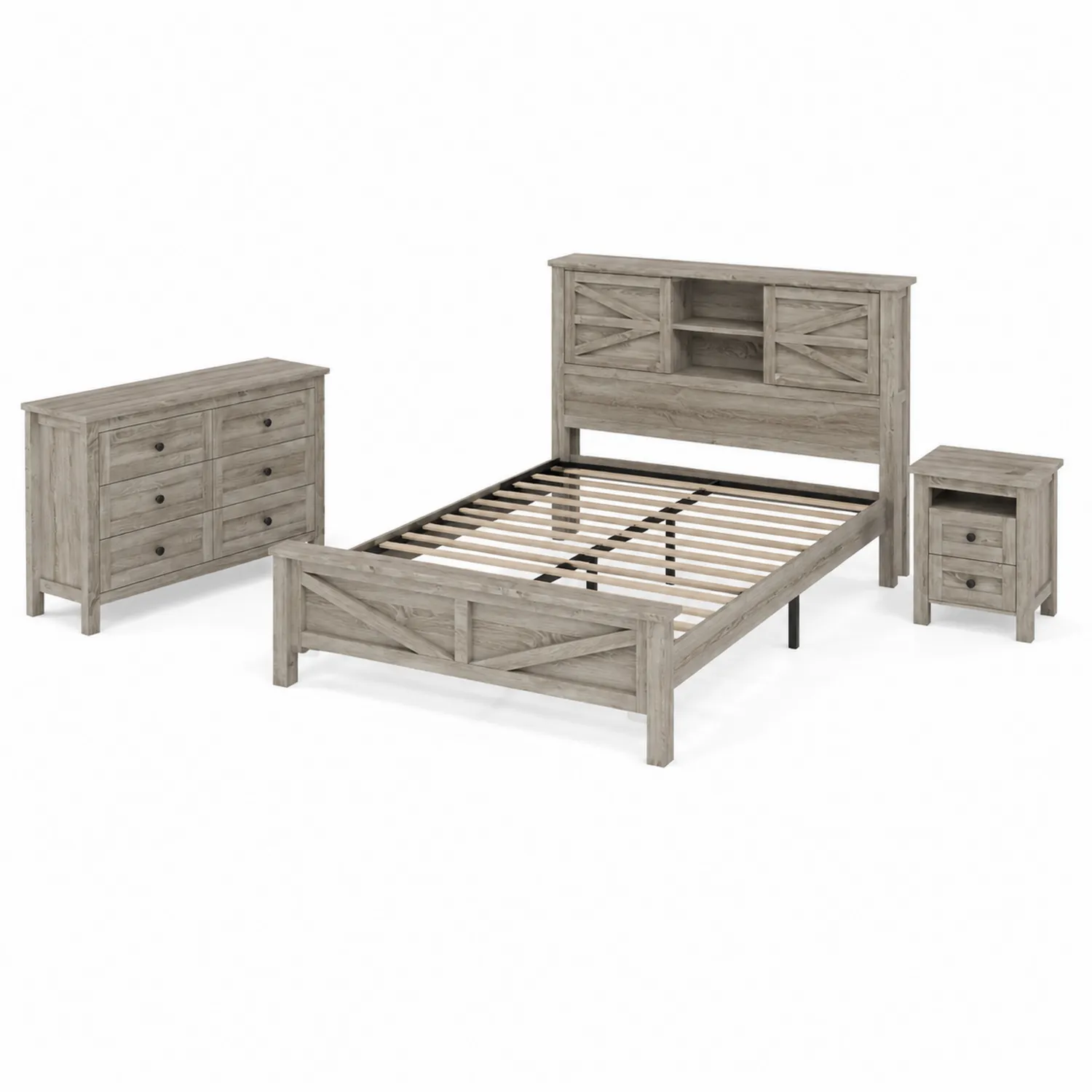 Schlafzimmer-Set aus Holz in Hellgrau mit Bettgestell, Kommode und Nachttisch