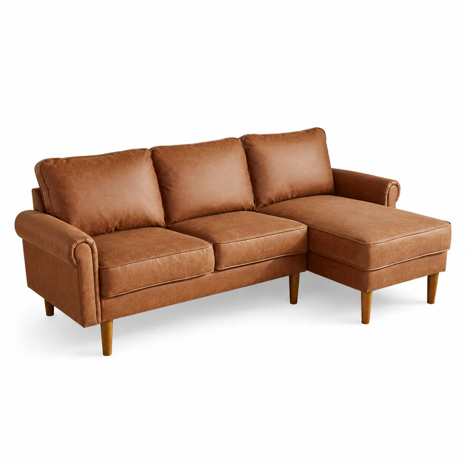 Ecksofa aus Kunstleder mit Ottomane Cognac