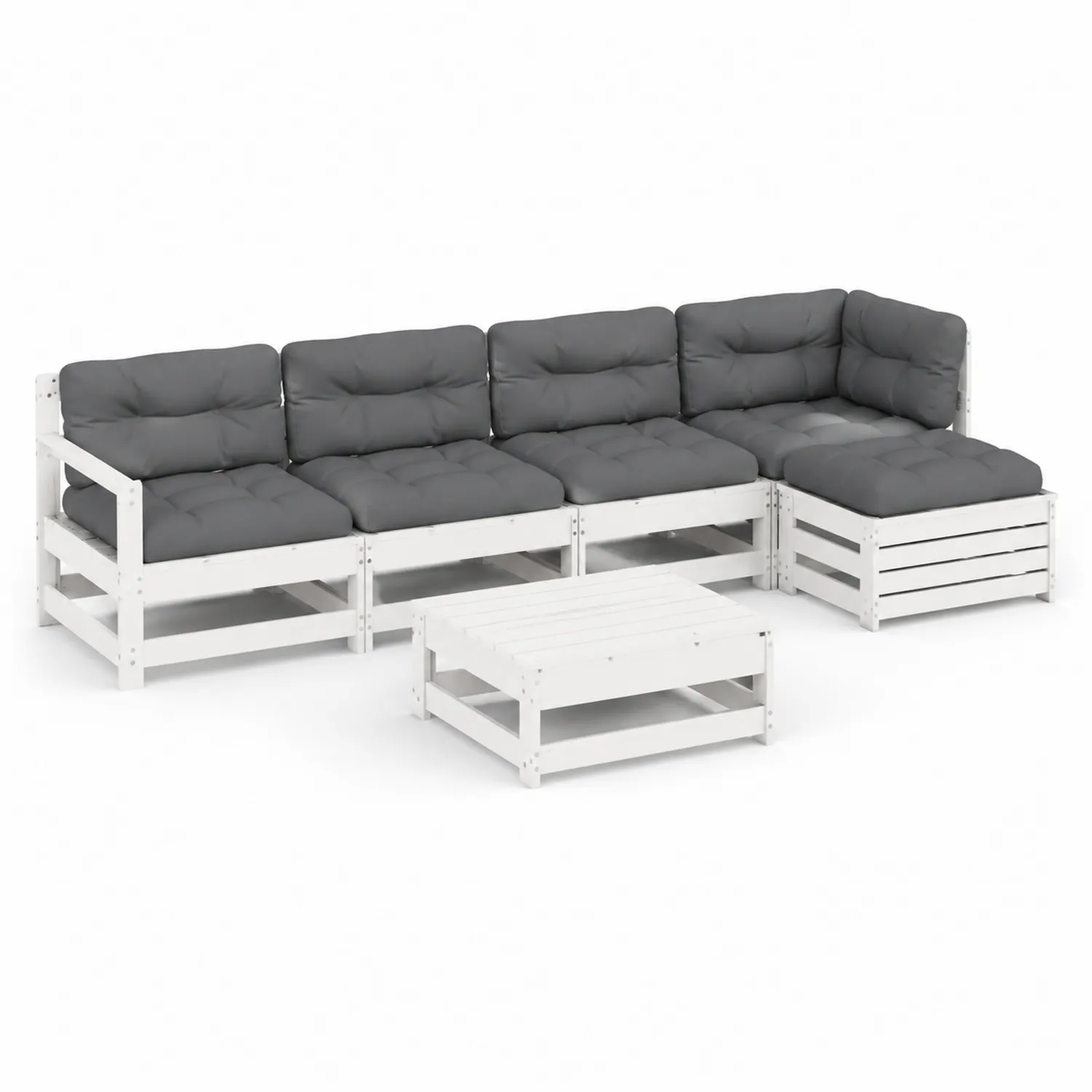 L-förmiges Modulares Gartensofa-Set aus Holz Weiß mit Grauen Kissen