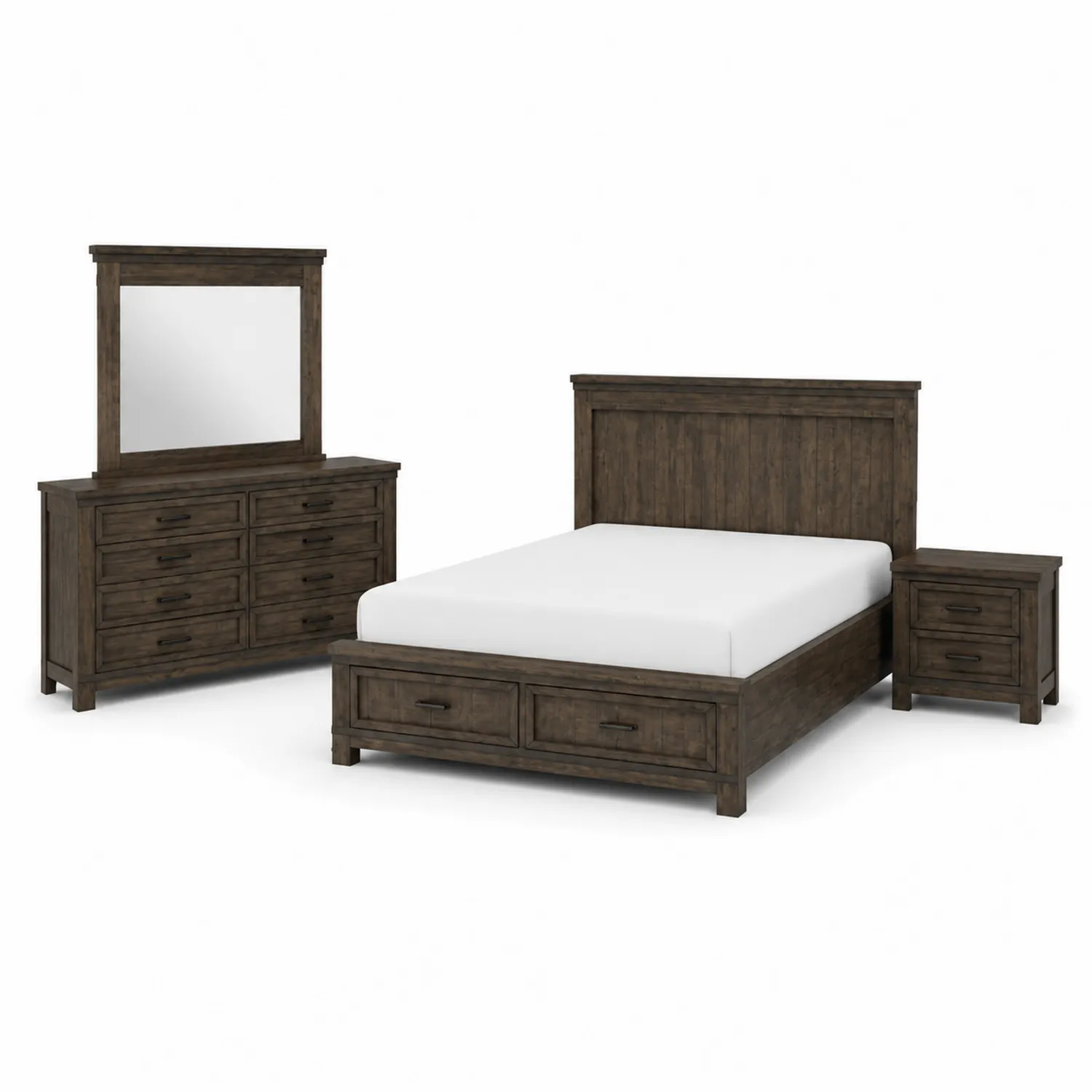 Schlafzimmer-Set aus Holz mit Bett 200x160 cm, Kommode mit Spiegel und Nachttisch, Dunkelbraun