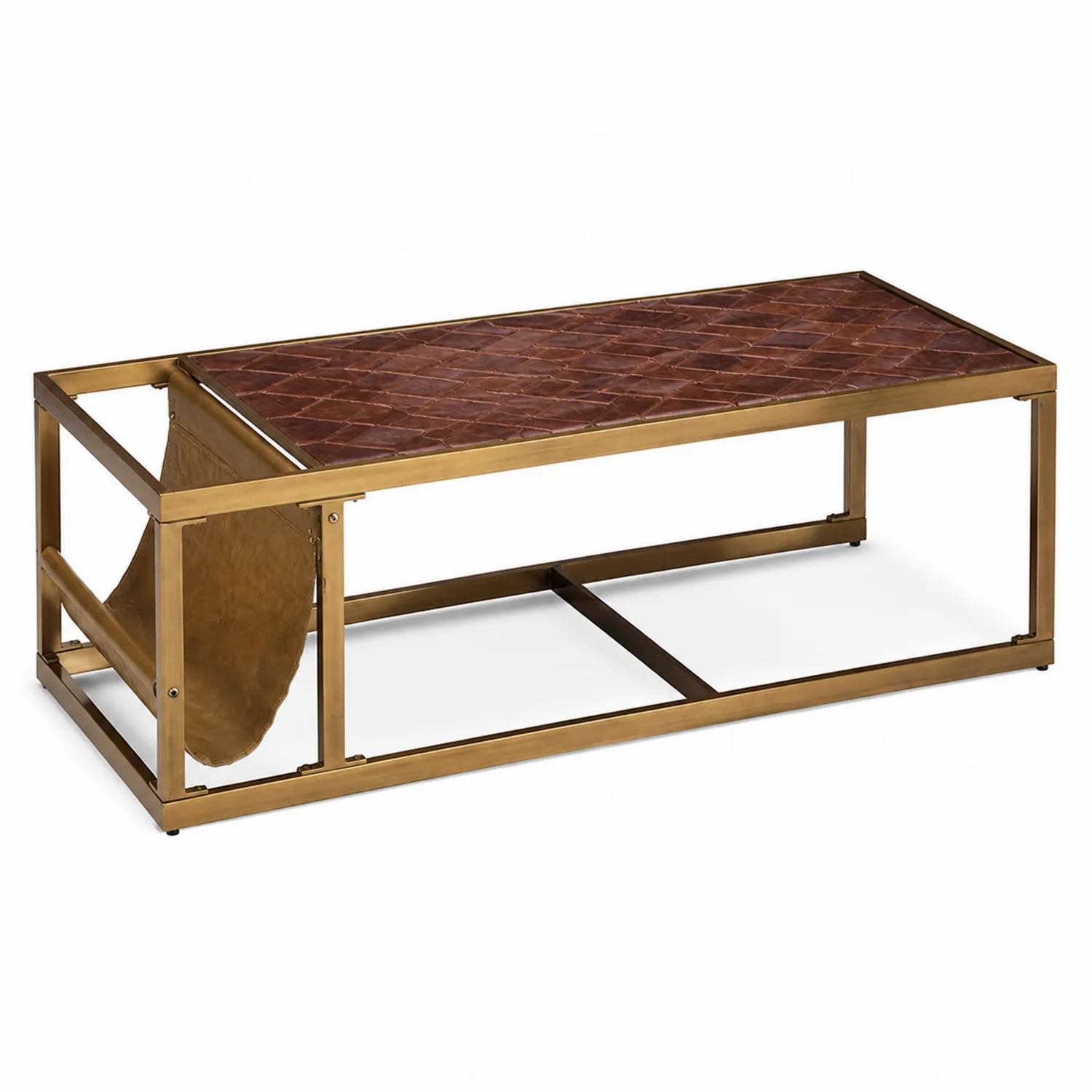 Couchtisch aus Leder und Metall in Braun/Gold