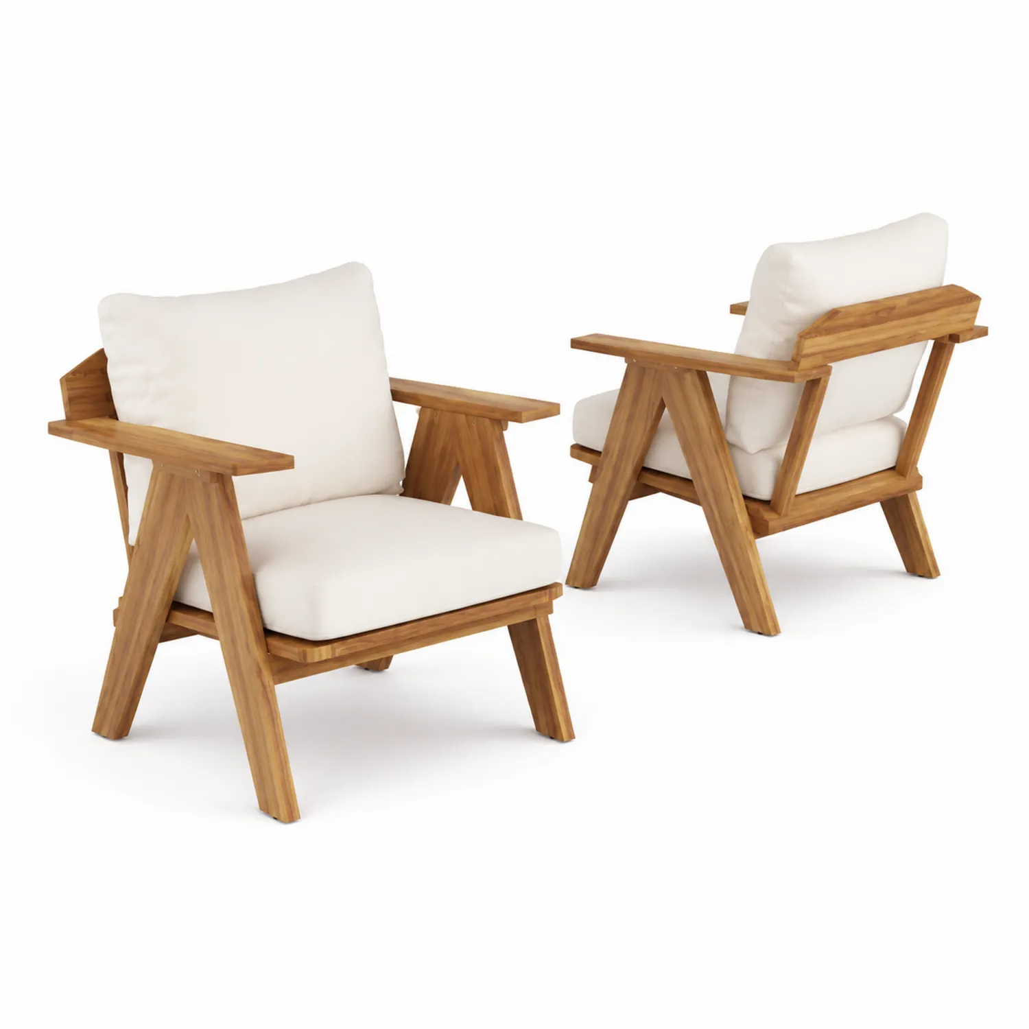 Clubsessel-Set aus Teakholz mit Polyesterkissen Creme