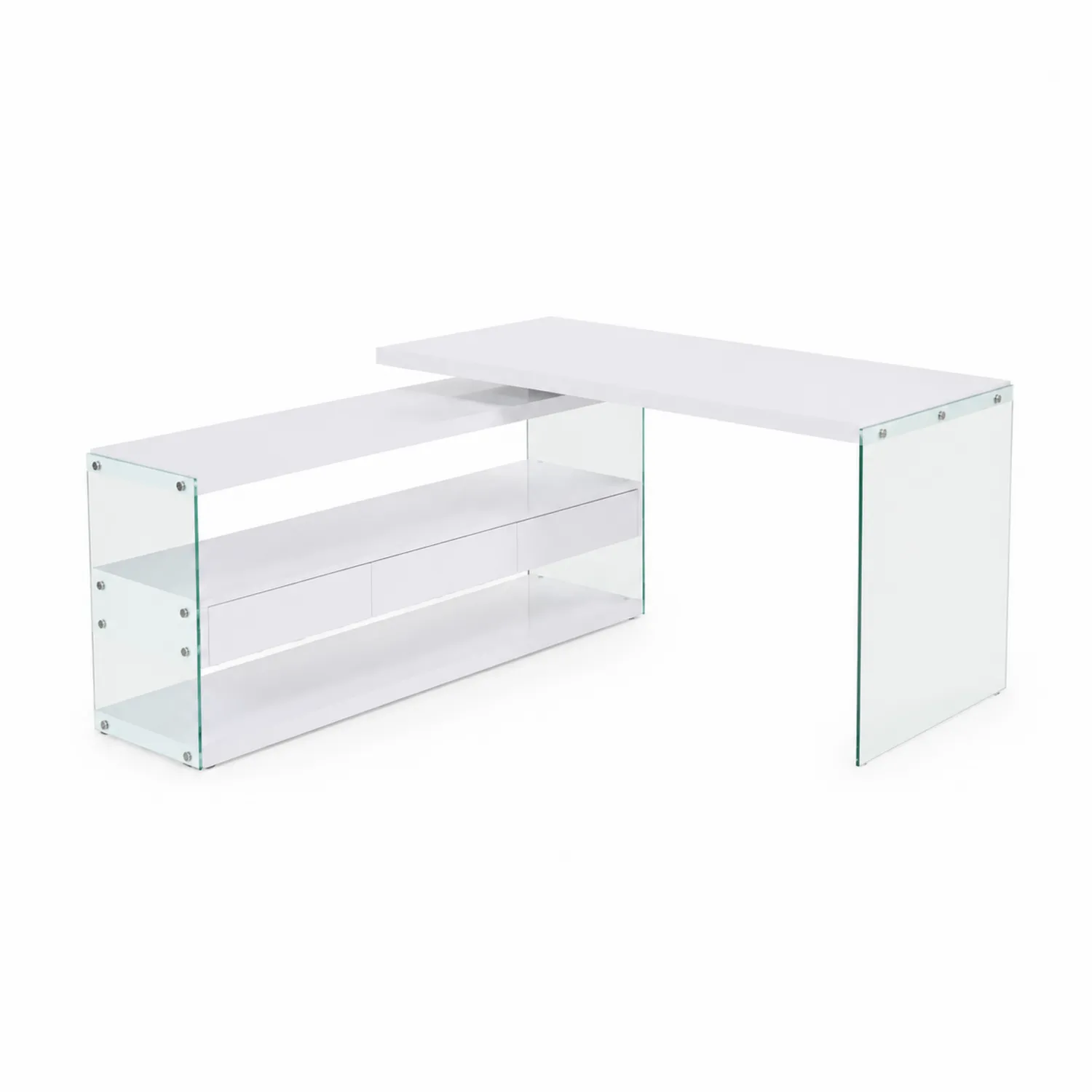 Eckschreibtisch mit Glas-Seitenwänden und Regalen in Weiß