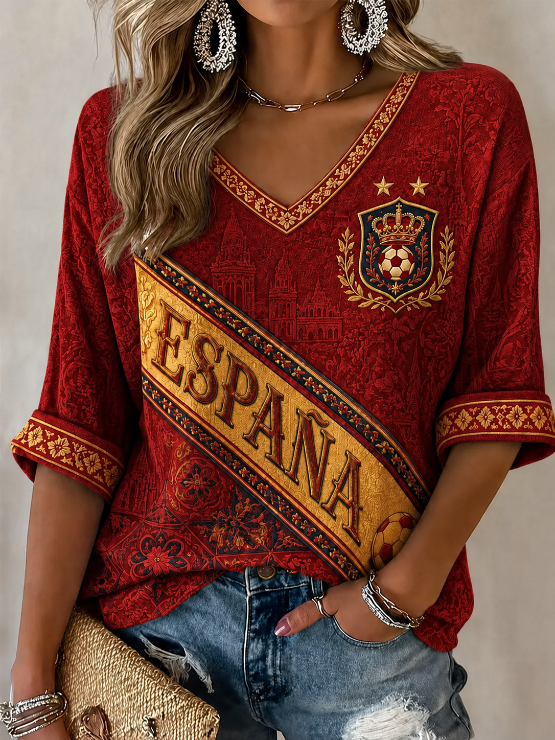 Women's Gift For Football Fans Print Casual Half-Sleeve V-Neck T-Shirt