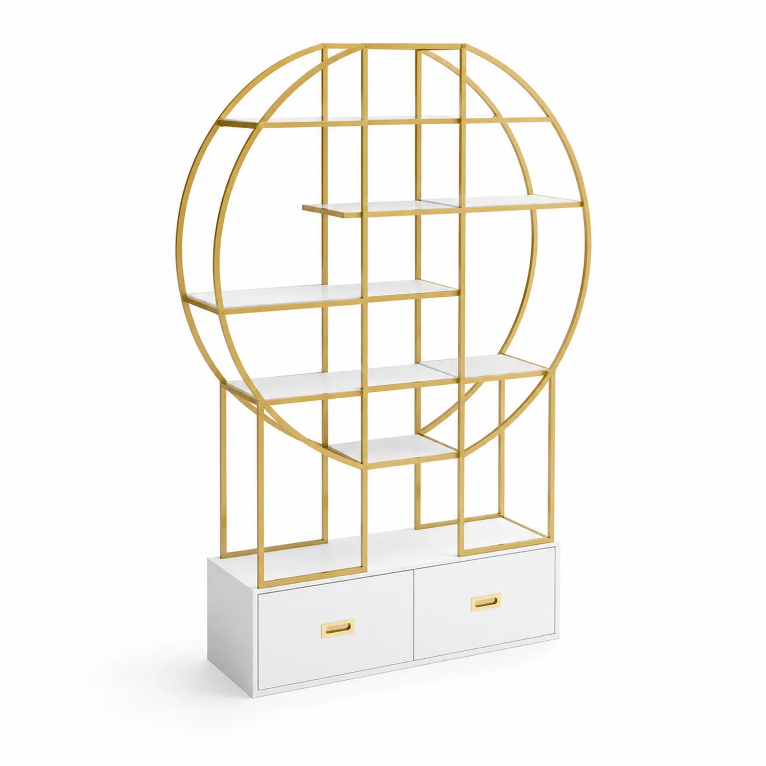 Rundes Metallregal mit Schubladen Weiß/Gold 200x120x35cm-Viverformio