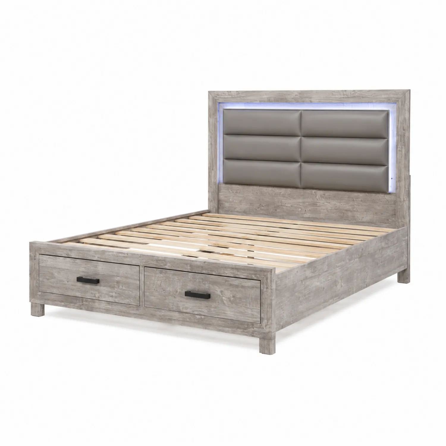 Holzbett mit Stauraum und LED-Beleuchtung, graues Kopfteil 200x160 cm-Viverformio