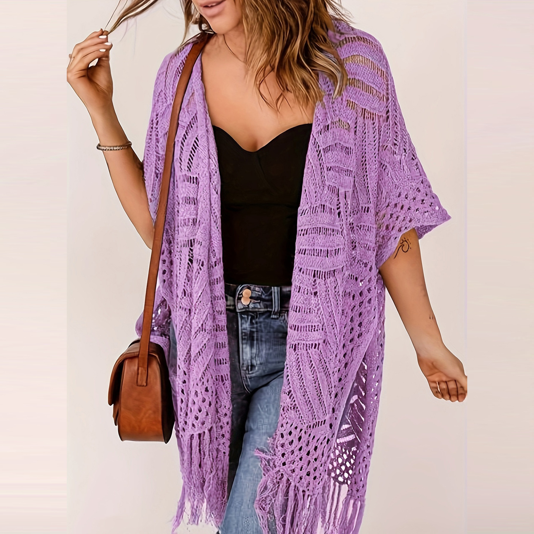 Cardigan da donna leggero in maglia 2026 – Modello oversize aperto sul davanti, stile kimono in crochet traforato con nappine, ideale per primavera ed estate.