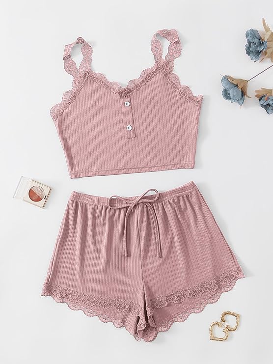 Women's Sexy Lace Trim Crop Camisole Pajamas Sets Cami Shorts Sets Sleepwear