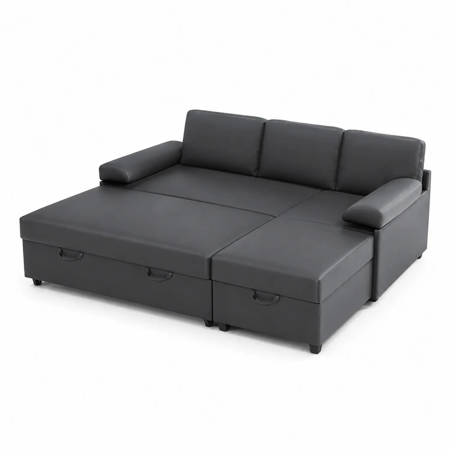 Divano Letto in Pelle Sintetica Nero con Cassetti Estraibili