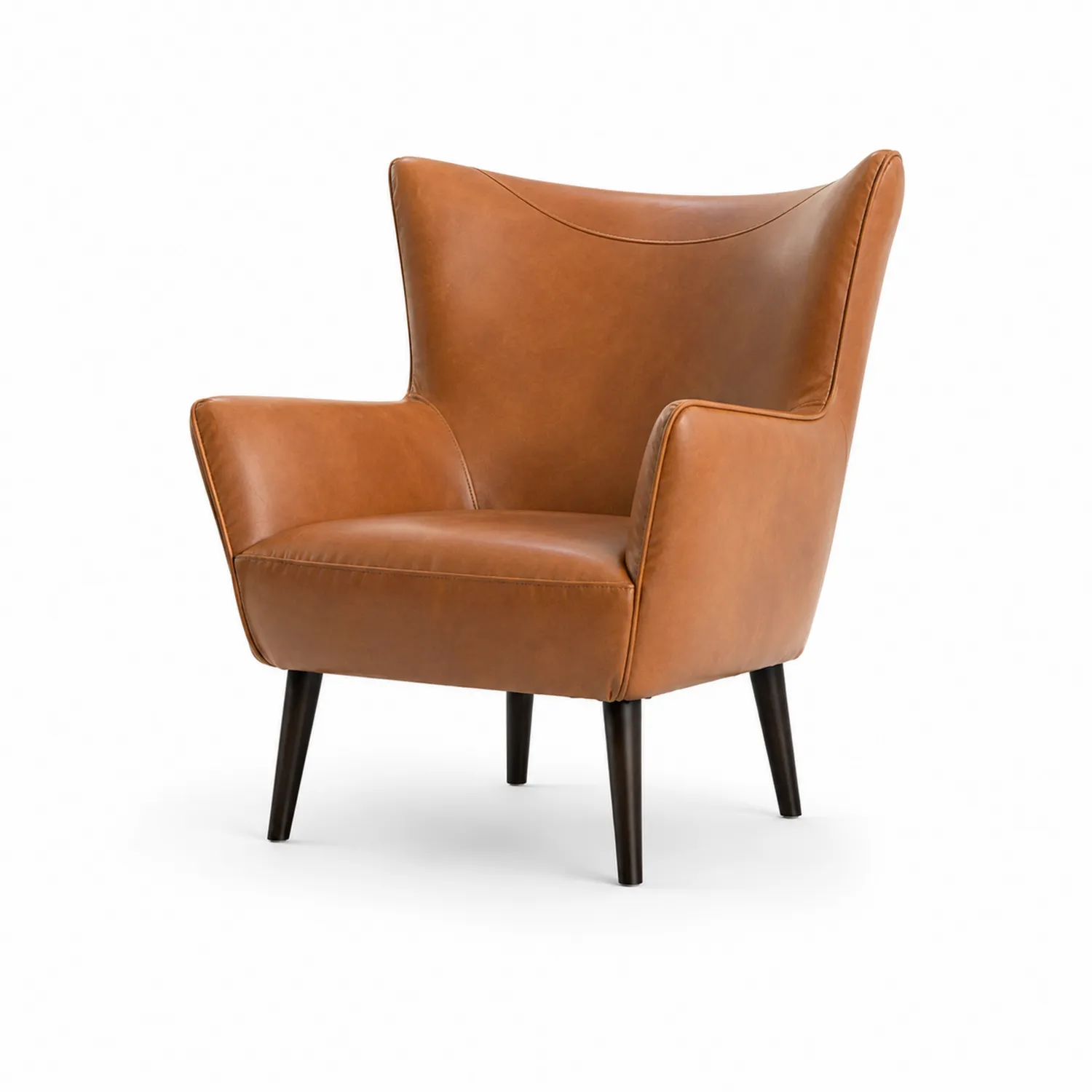 Poltrona in pelle marrone con gambe in legno