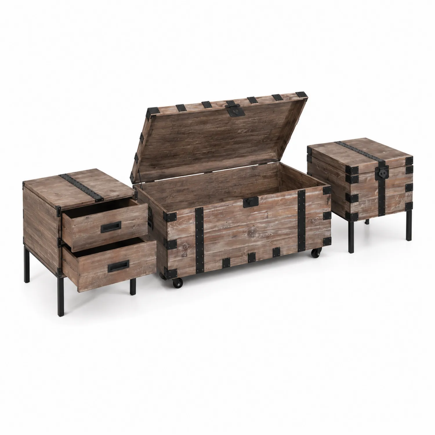 Set di tavolini in legno massello e metallo con cassetti