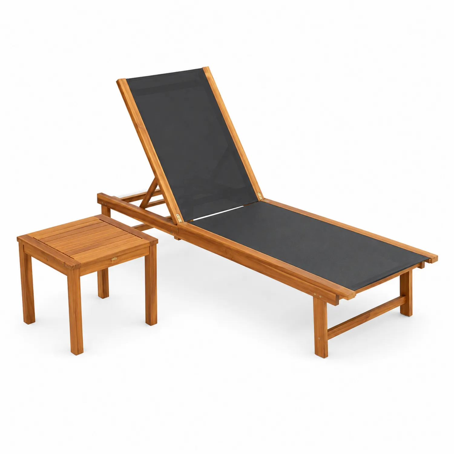 Set Lettino e Tavolino da Giardino in Legno e Tessuto Poliestere Nero