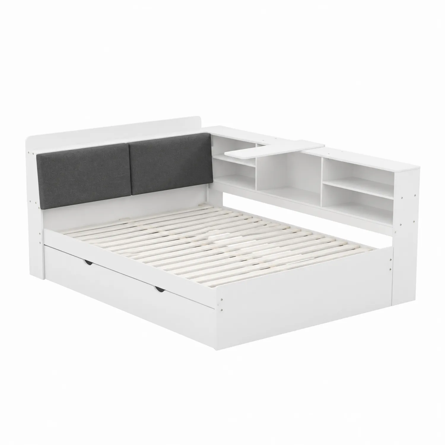 Letto matrimoniale con contenitore e libreria in legno e tessuto antracite