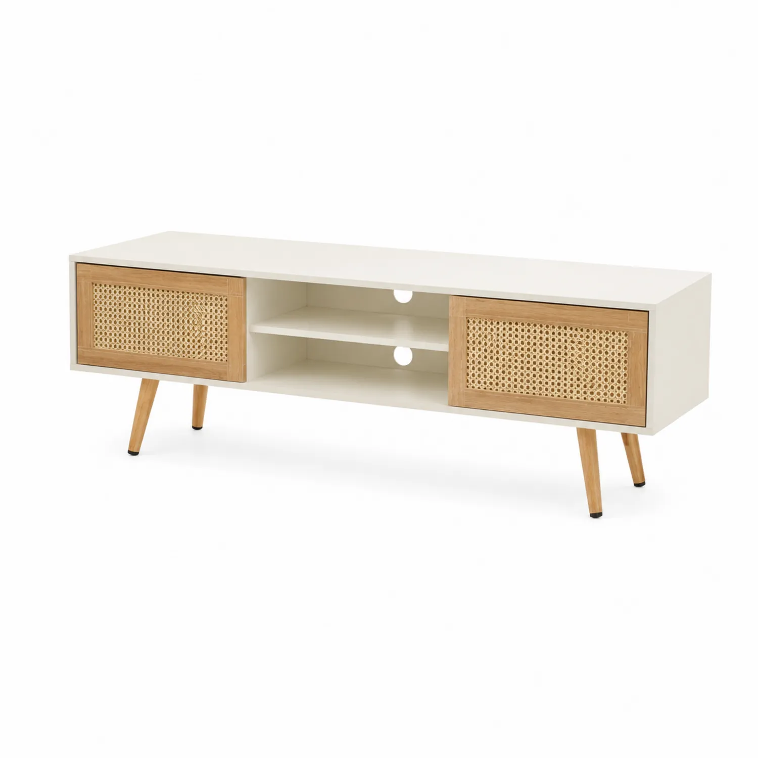 Mobile TV in MDF con Ante in Rattan e Gambe in Legno