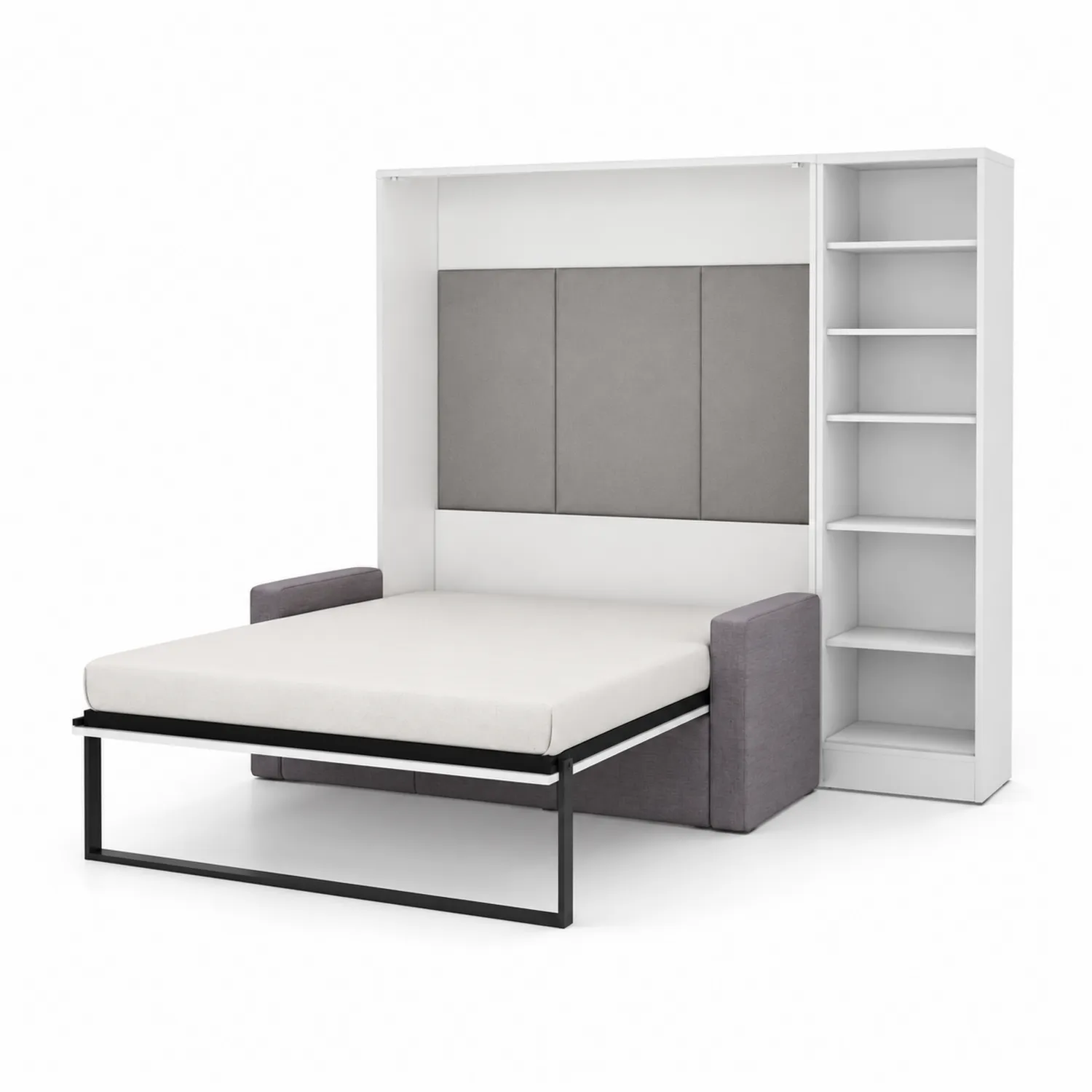 Letto a scomparsa matrimoniale con libreria e divano in tessuto Grigio