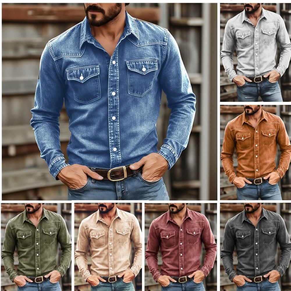 Costcrow Men's Vintage-Wash Long Sleeve Button-Up Shirt with Dual Chest Pockets