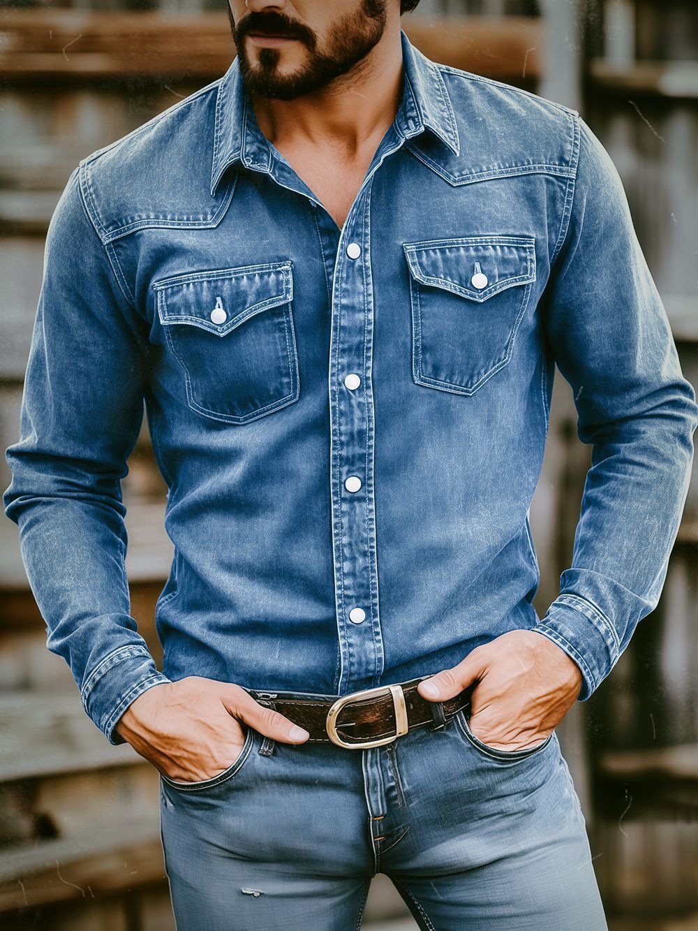 Costcrow Men's Vintage-Wash Long Sleeve Button-Up Shirt with Dual Chest Pockets