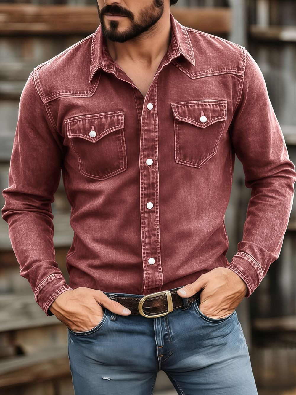 Costcrow Men's Vintage-Wash Long Sleeve Button-Up Shirt with Dual Chest Pockets