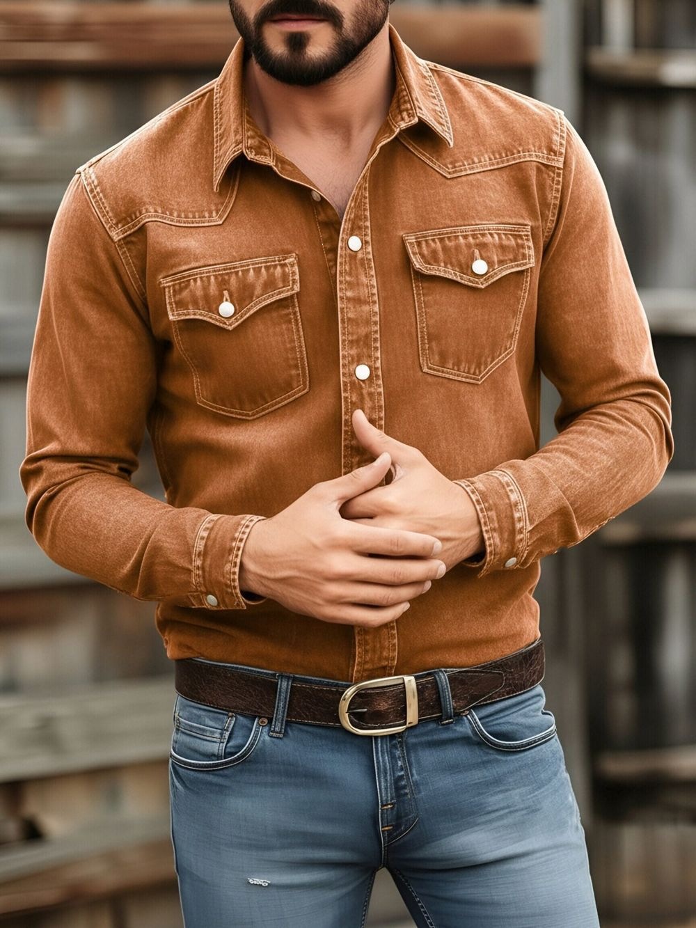 Costcrow Men's Vintage-Wash Long Sleeve Button-Up Shirt with Dual Chest Pockets