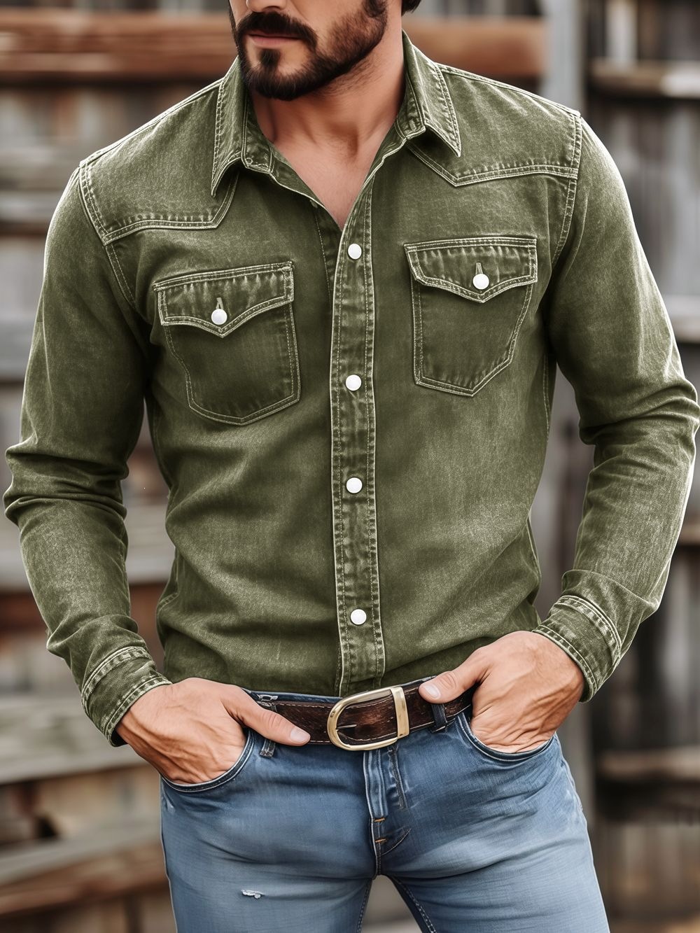 Costcrow Men's Vintage-Wash Long Sleeve Button-Up Shirt with Dual Chest Pockets