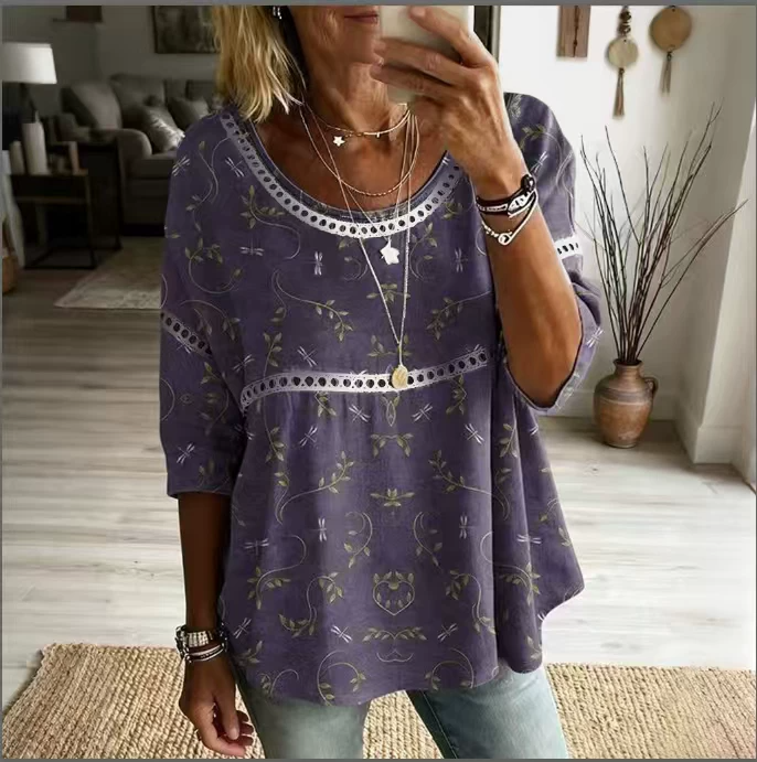Women's Retro Dragonfly Art Print Flowy Linen Blend Casual Tops