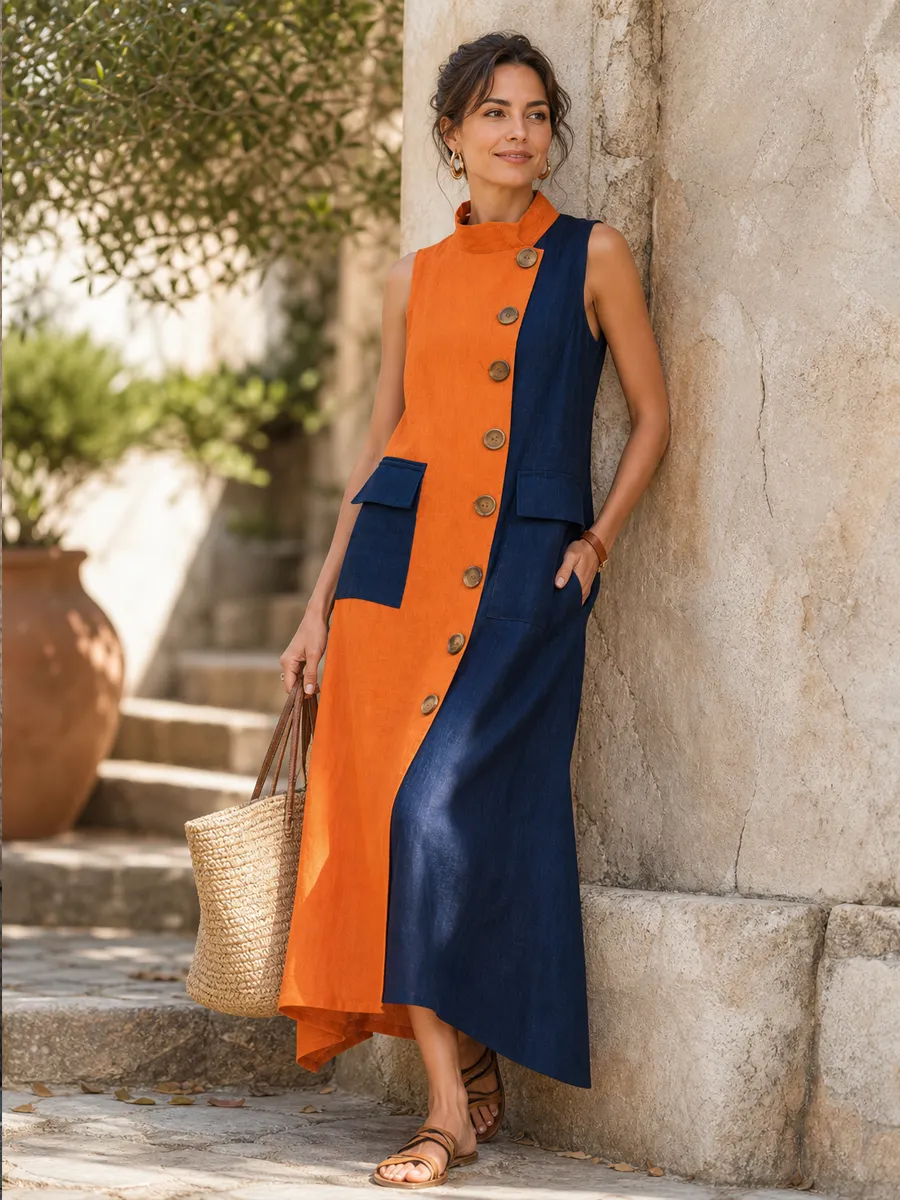 Women's Classic Cotton-Linen Sleeveless Color-Block Loose Maxi Dress