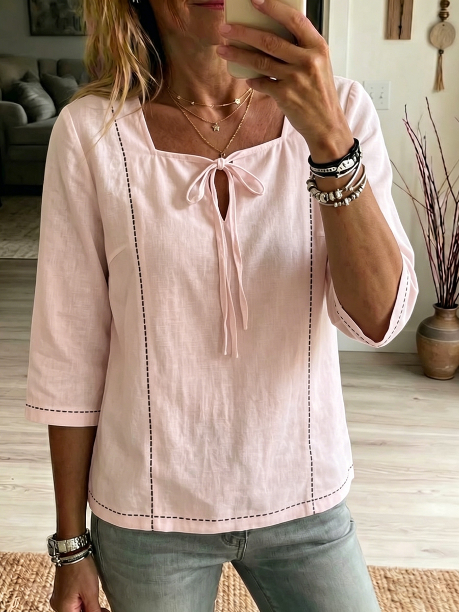 New Arrivals🔥Women's Square-neck Ties Half-sleeve Cotton Shirt