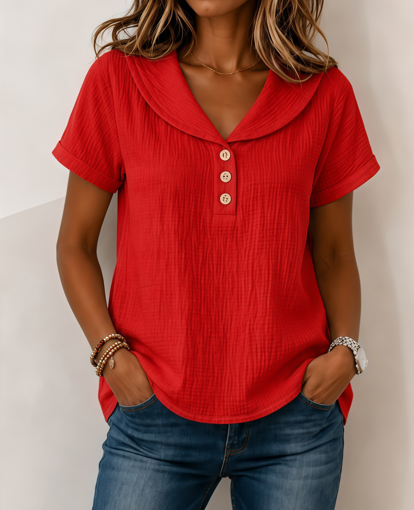 New Arrivals🔥Women's  V Neck Peter Pan Collar Button Short Sleeve T-shirt
