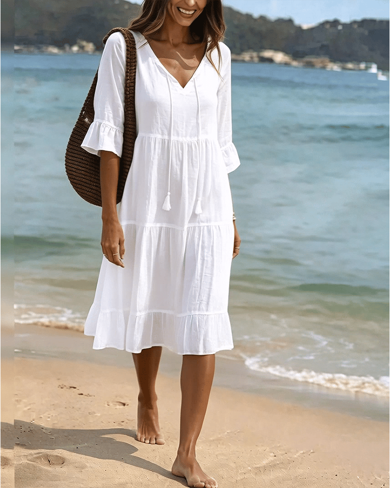 Flared Half Sleeve Tie Waist Dress