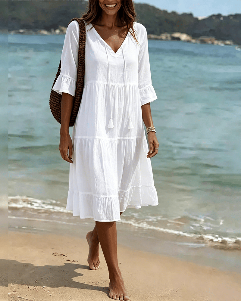 Flared Half Sleeve Tie Waist Dress