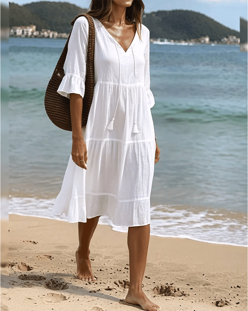Flared Half Sleeve Tie Waist Dress