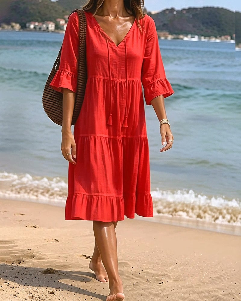 Flared Half Sleeve Tie Waist Dress