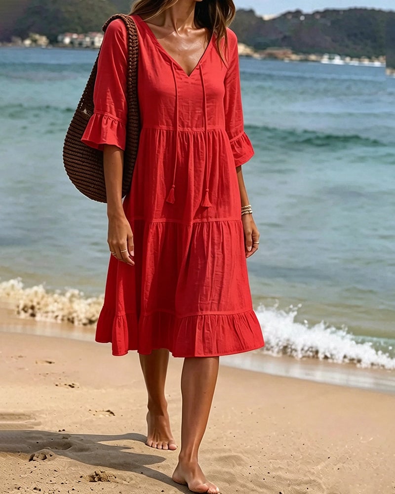Flared Half Sleeve Tie Waist Dress