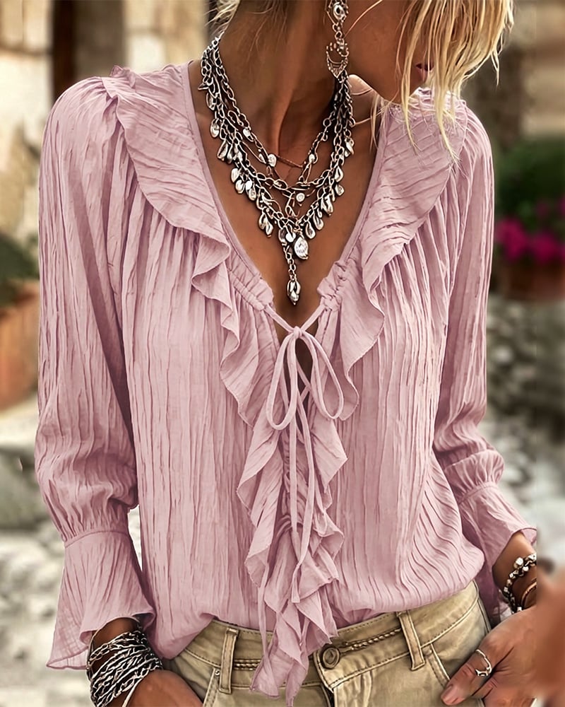 Ruffle Trim Lace-Up Long Sleeve Blouse