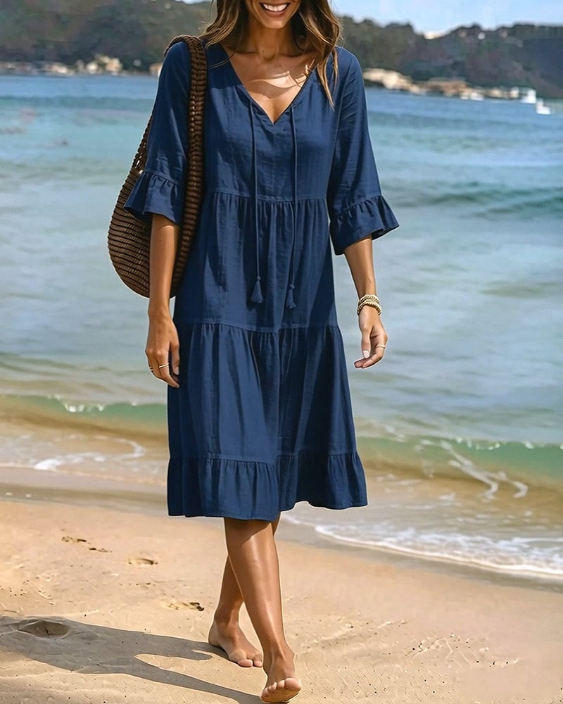 Flared Half Sleeve Tie Waist Dress
