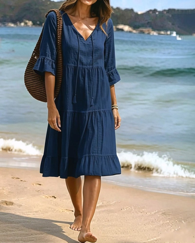 Flared Half Sleeve Tie Waist Dress