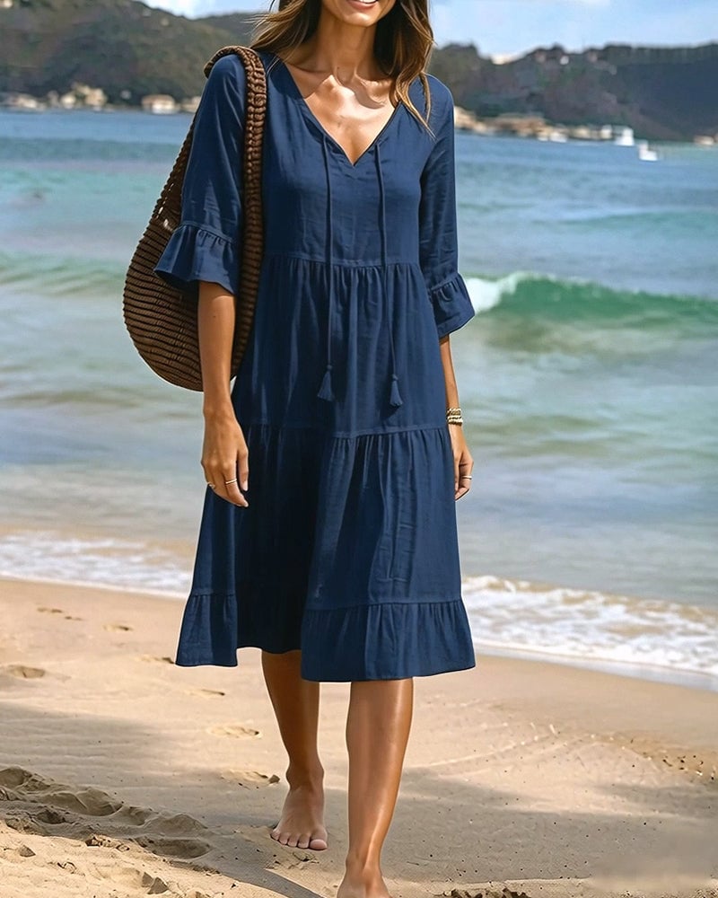 Flared Half Sleeve Tie Waist Dress