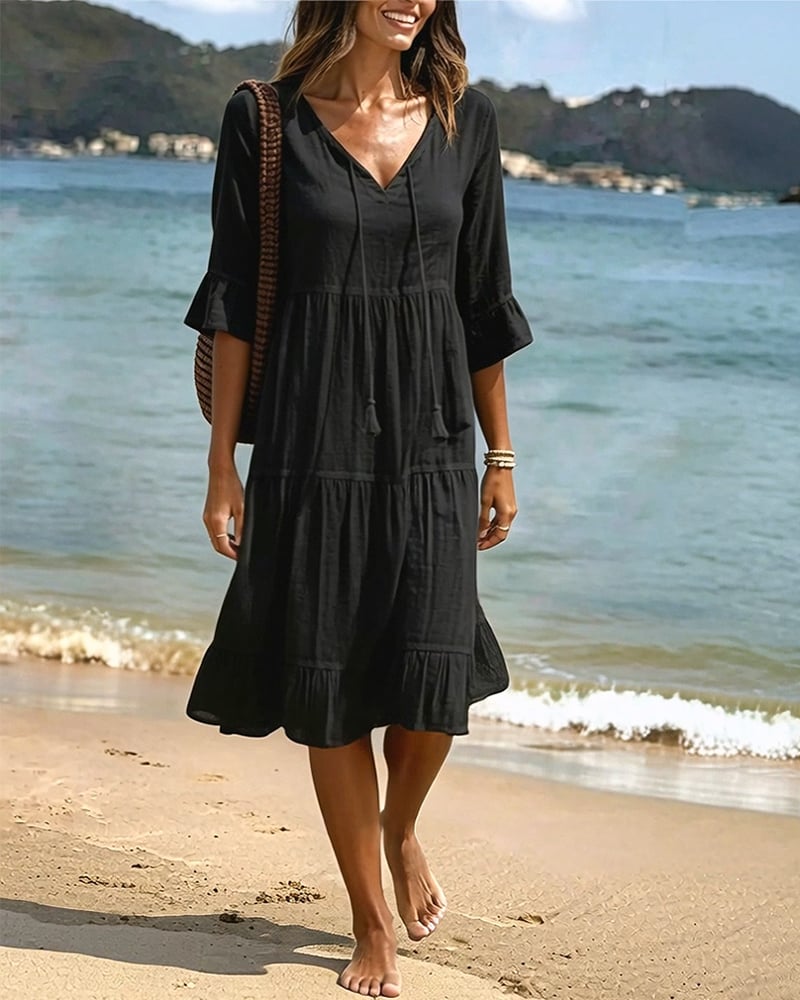 Flared Half Sleeve Tie Waist Dress