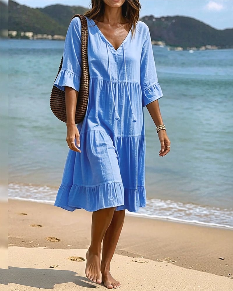 Flared Half Sleeve Tie Waist Dress
