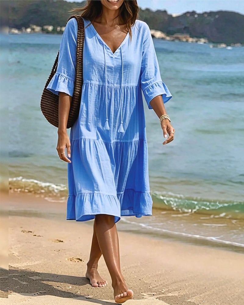 Flared Half Sleeve Tie Waist Dress