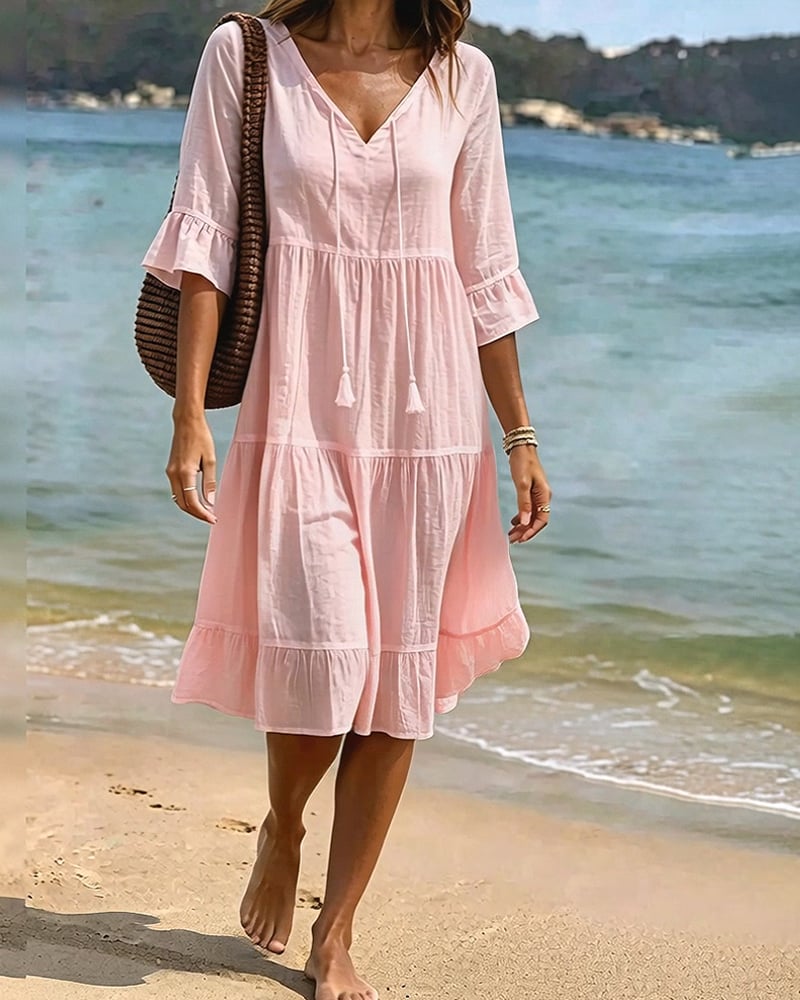 Flared Half Sleeve Tie Waist Dress
