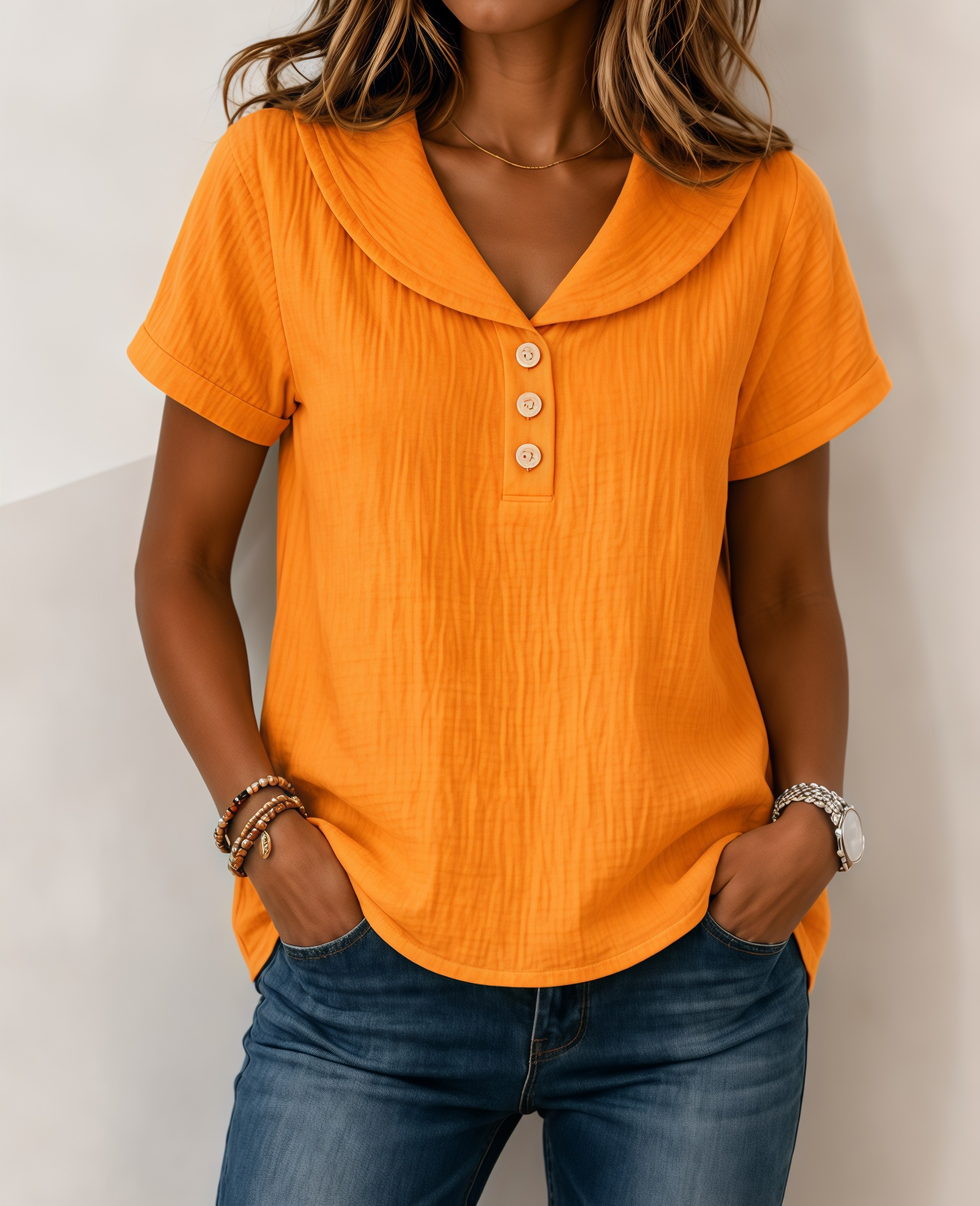 New Arrivals🔥Women's  V Neck Peter Pan Collar Button Short Sleeve T-shirt