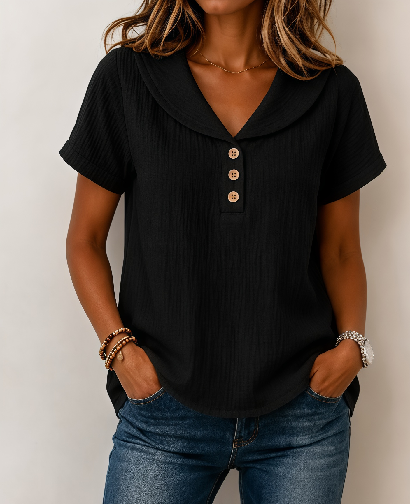 New Arrivals🔥Women's  V Neck Peter Pan Collar Button Short Sleeve T-shirt
