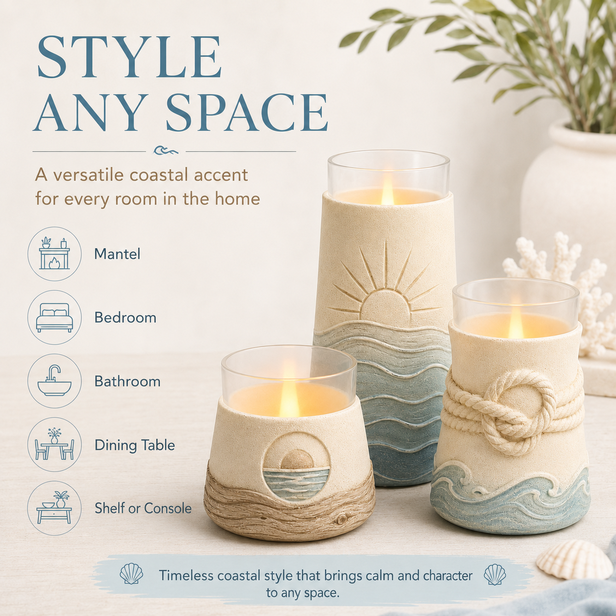Set of 3 Coastal Flameless Candle Holders