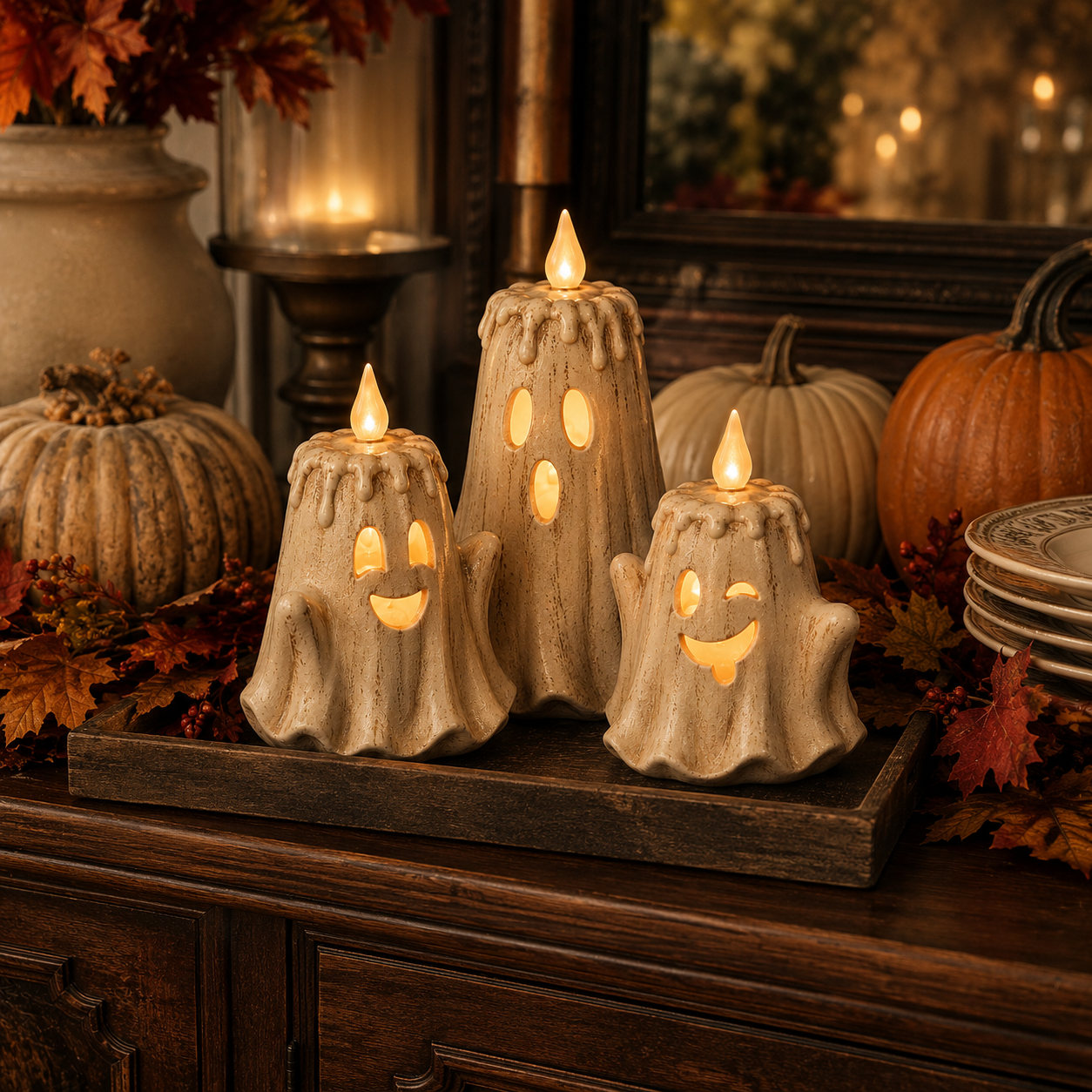 3-Piece Halloween Ghost Flameless Candle Set with Remote Timer