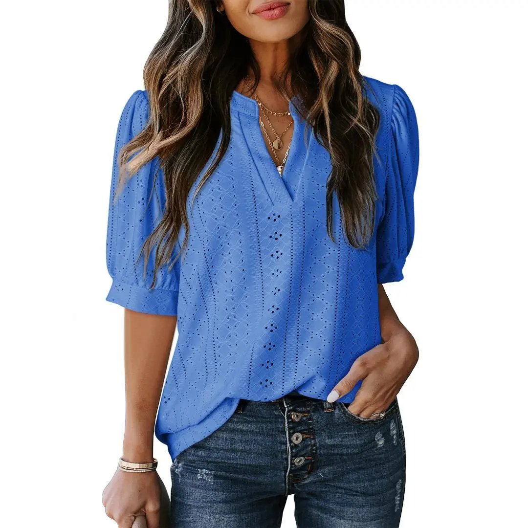 🏆🔥Women's Summer Casual Blouses V Neck Short Sleeve Shirts Hollow Out Cute Tops Loose Fit Breathable Fabric