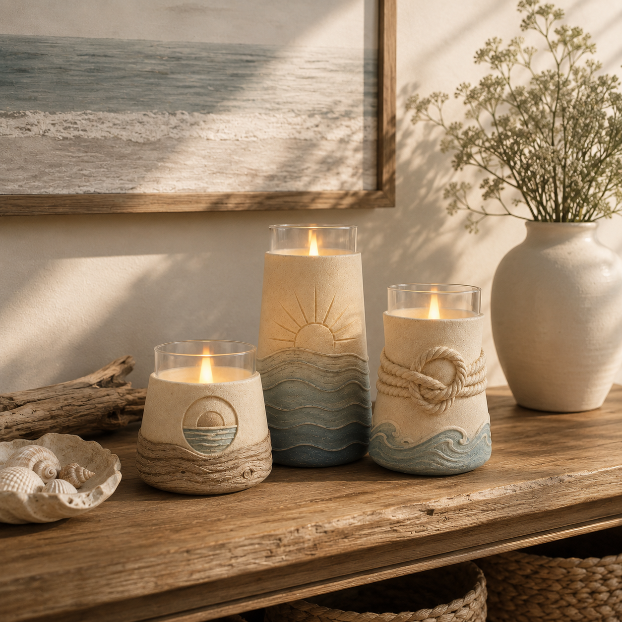 Set of 3 Coastal Flameless Candle Holders