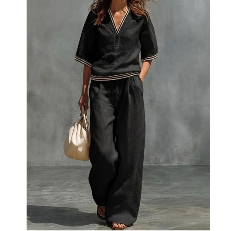 Women's 2-Piece Linen Set - V-Neck Top and Pants