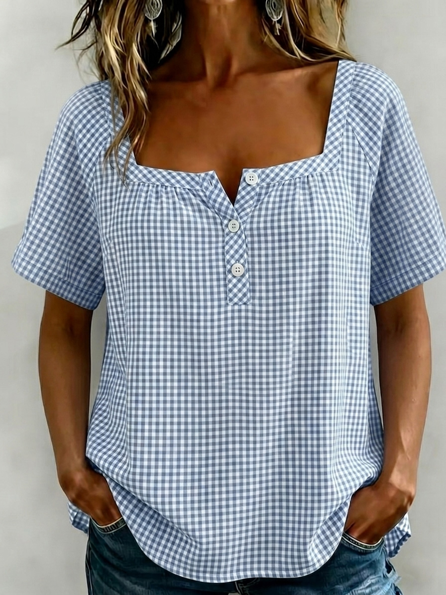 New Arrival 🔥 Women's Square Collar Checkered Cotton-Linen Blouse