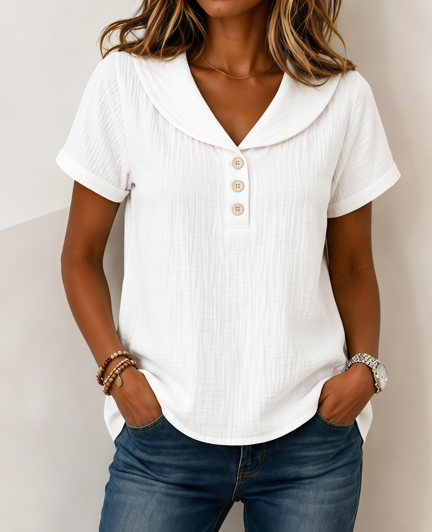 New Arrivals🔥Women's  V Neck Peter Pan Collar Button Short Sleeve T-shirt